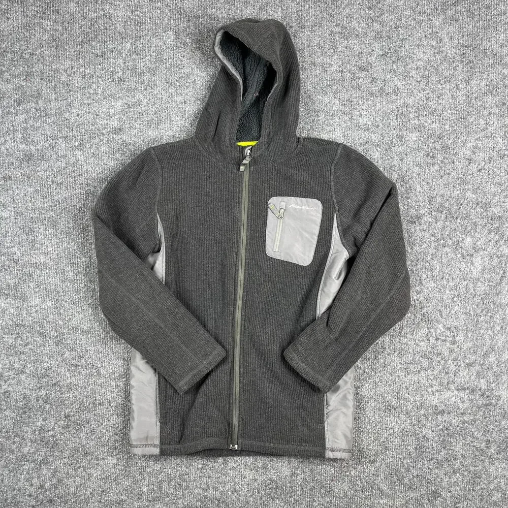 Eddie Bauer Jacket Kids Size L Gray Full Zip Hooded Fleece Lined‎ Outdoor Casual